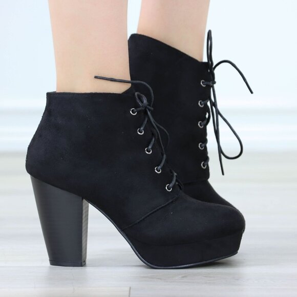 Womens Ankle Boots Lace Up Block Heel Booties Black Faux Suede - Picture 1 of 12